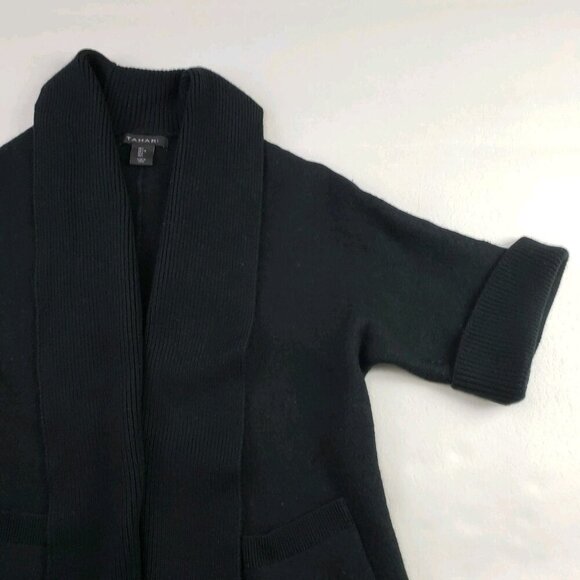 Tahari Merino Wool Open Front Sweater Womens Large Black Heavyweight Cardigan - Picture 2 of 8